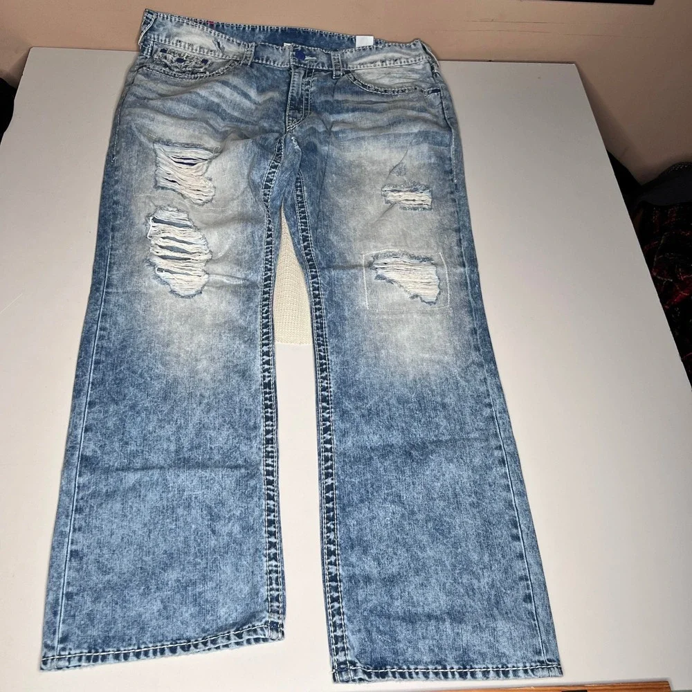 True‎ Religion Straight Leg Jeans Mens 42 Light Wash Blue Contrast Stitch Denim